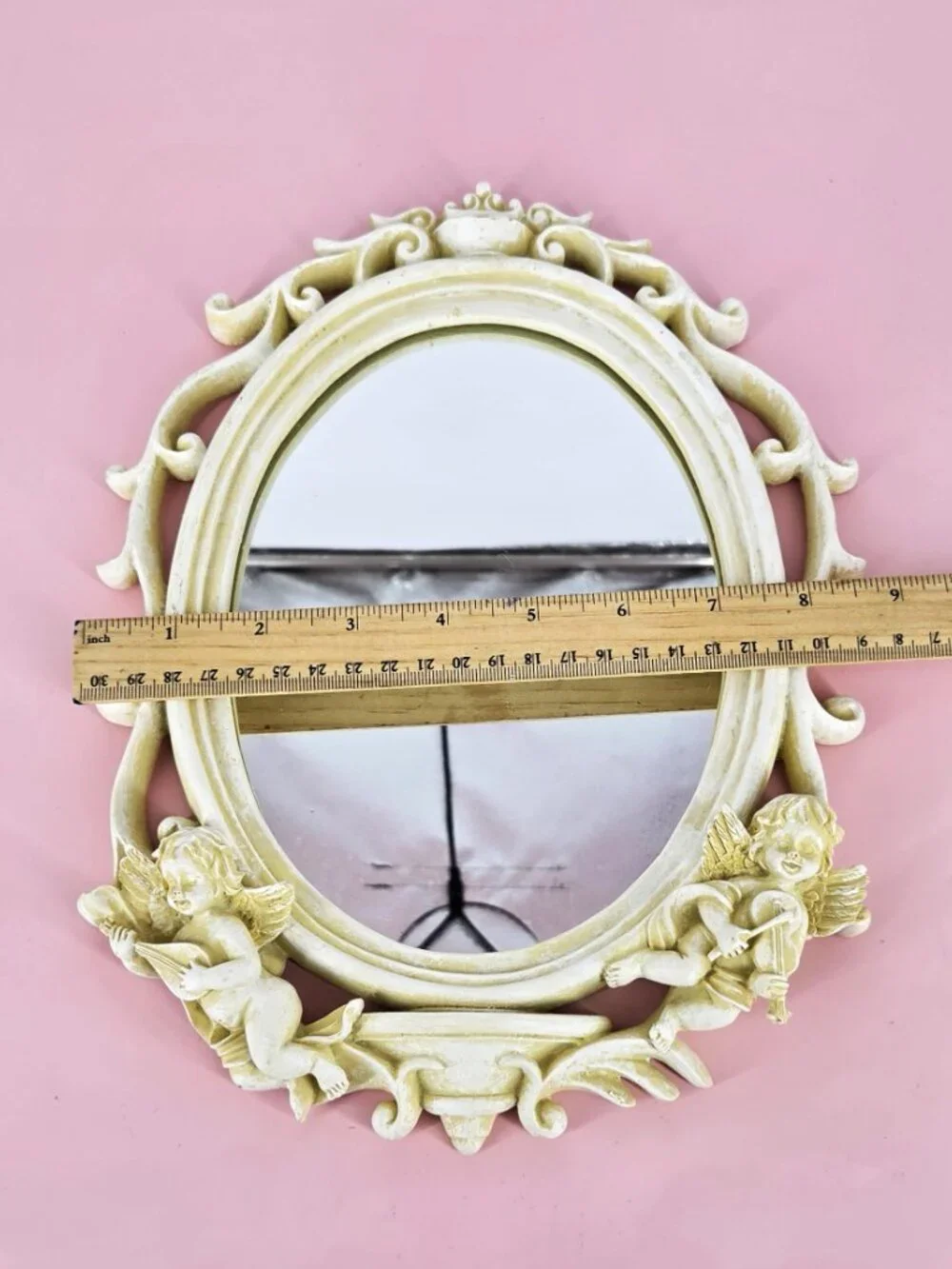 Set 3 Cherub Baroque Wall Shelves Oval Angelic Mirror Romantic Shabby VTG White